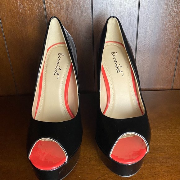 Bonnibel Peep Toe Platform Heels Size 6 Black Orange - Picture 4 of 8